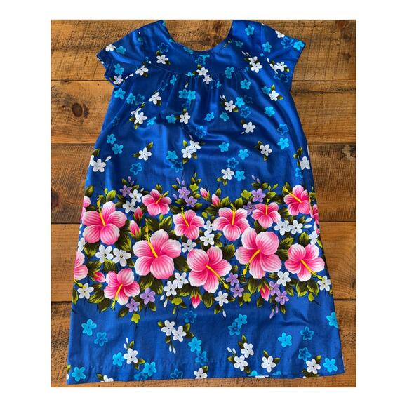 Womens UI MAIKAI Blue Hawaiian‎ Floral Hibiscus Short Sleeve Summer Dress - Picture 1 of 9